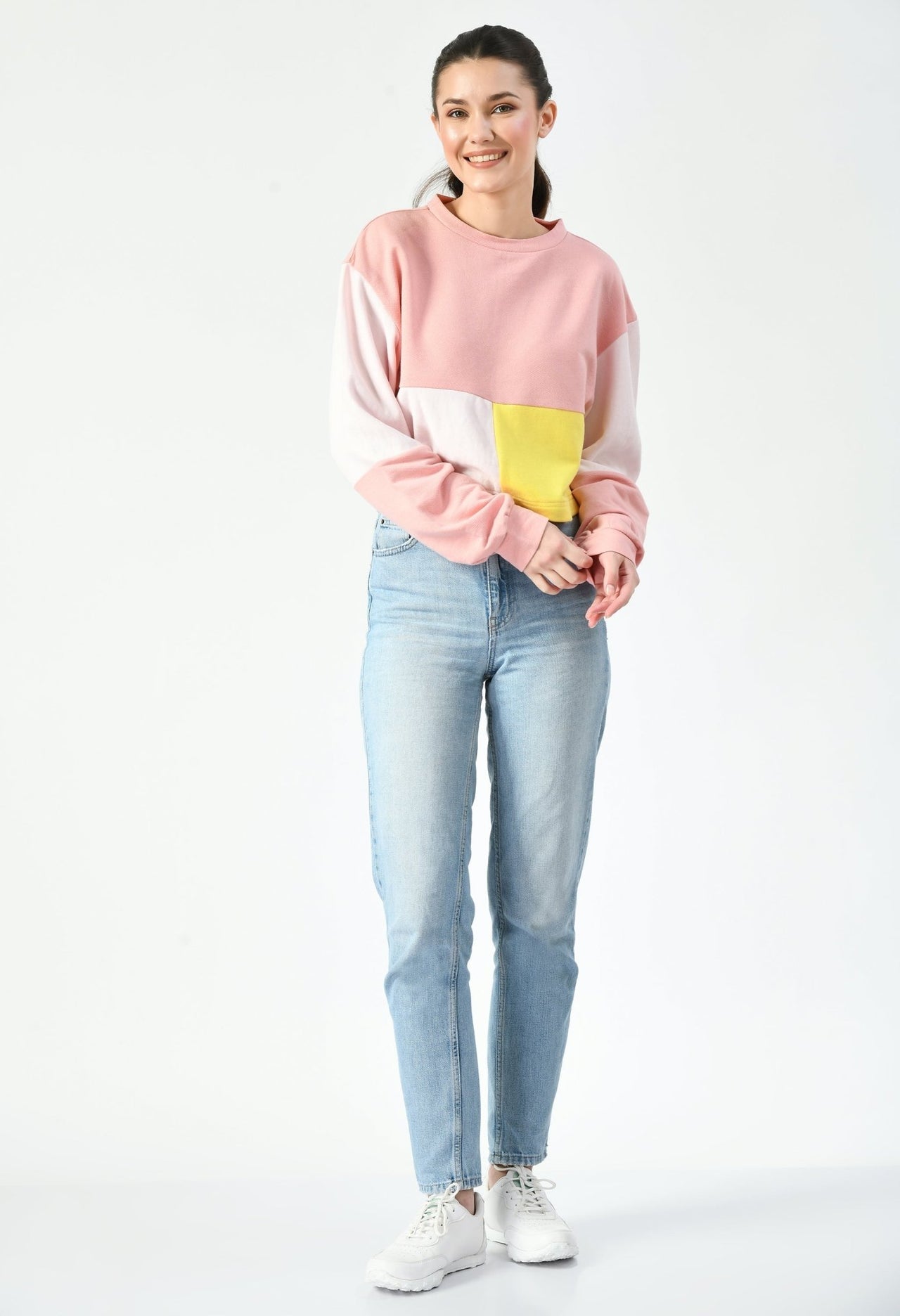 Pink/Yellow Color - Blocked Cropped Sweatshirt - RueCollections