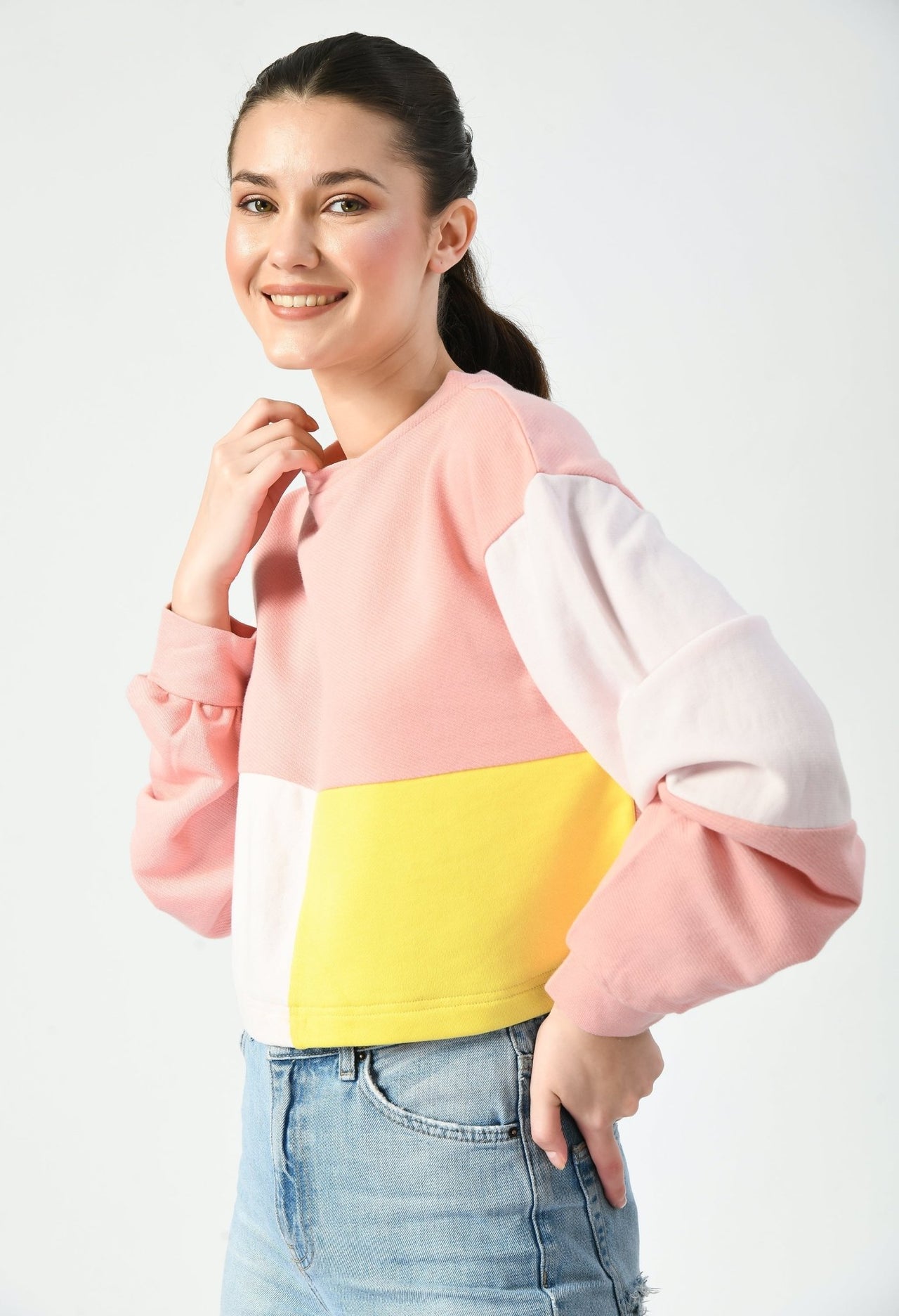 Pink/Yellow Color - Blocked Cropped Sweatshirt - RueCollections