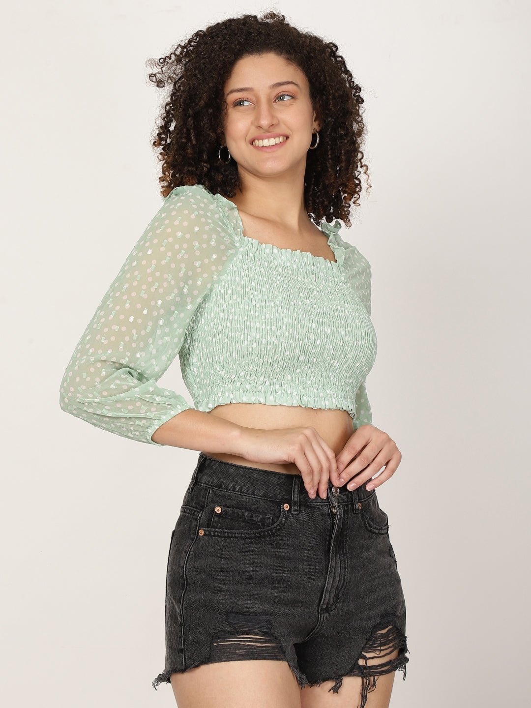 Polka Dot Smocked Cotton Blouson Crop Top - RueCollections