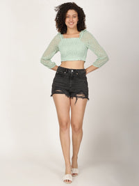 Thumbnail for Polka Dot Smocked Cotton Blouson Crop Top - RueCollections