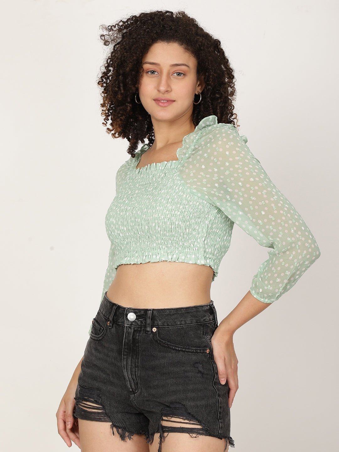 Polka Dot Smocked Cotton Blouson Crop Top - RueCollections