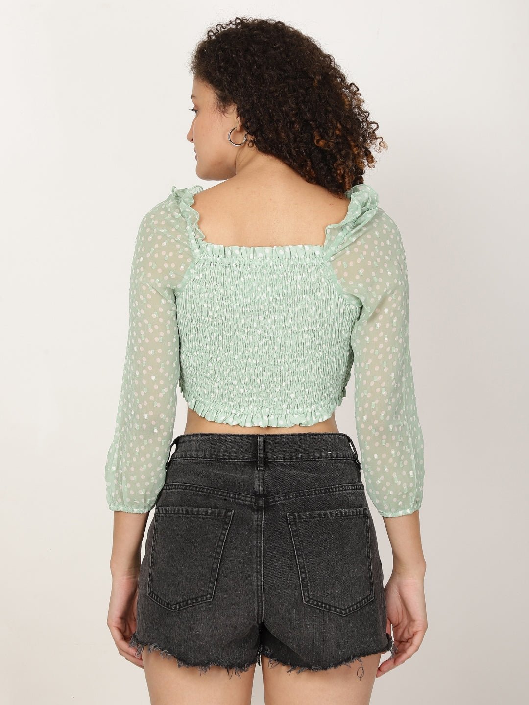 Polka Dot Smocked Cotton Blouson Crop Top - RueCollections