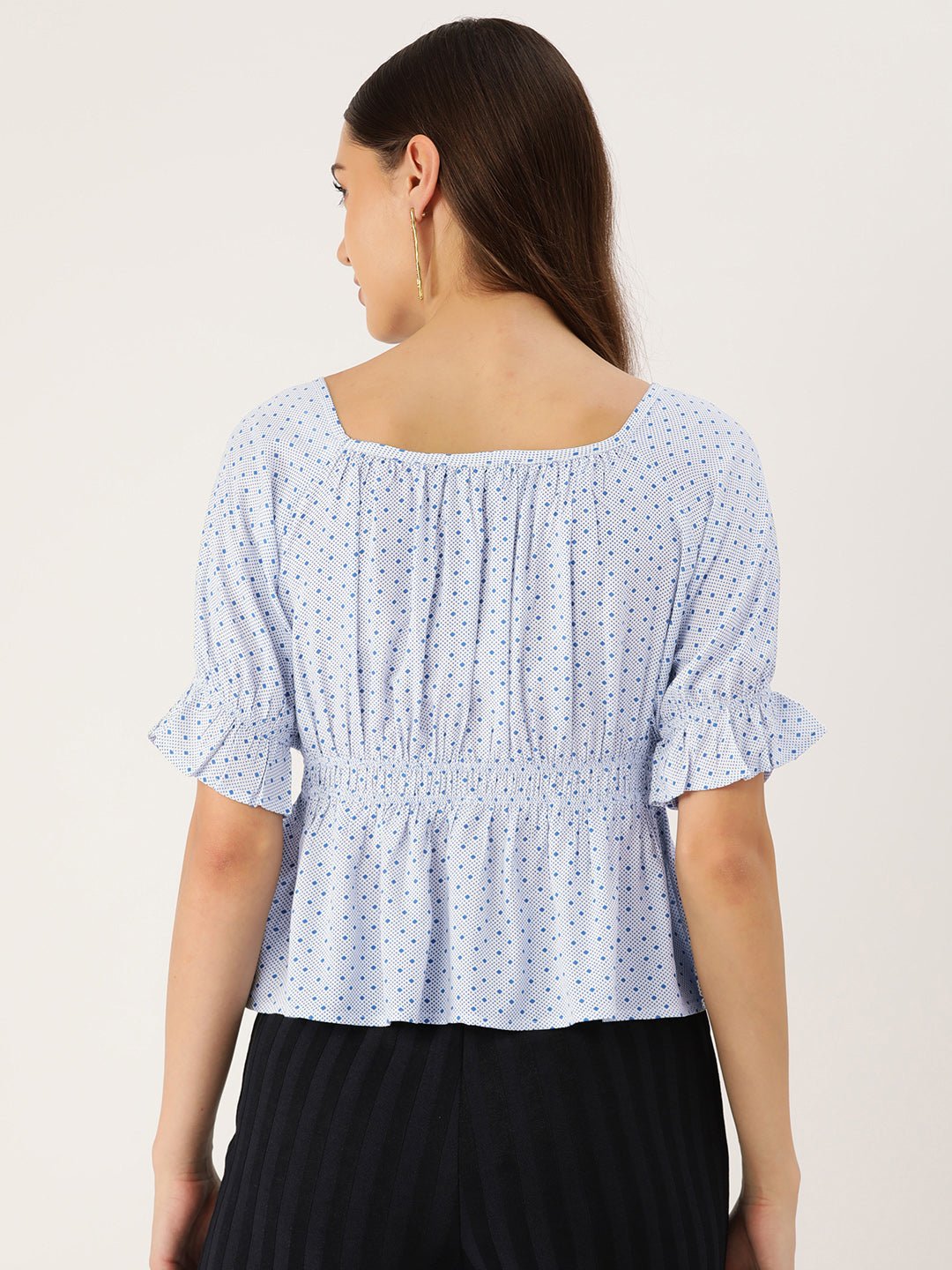 Polka Dots Print Puff Sleeves Peplum Top - RueCollections