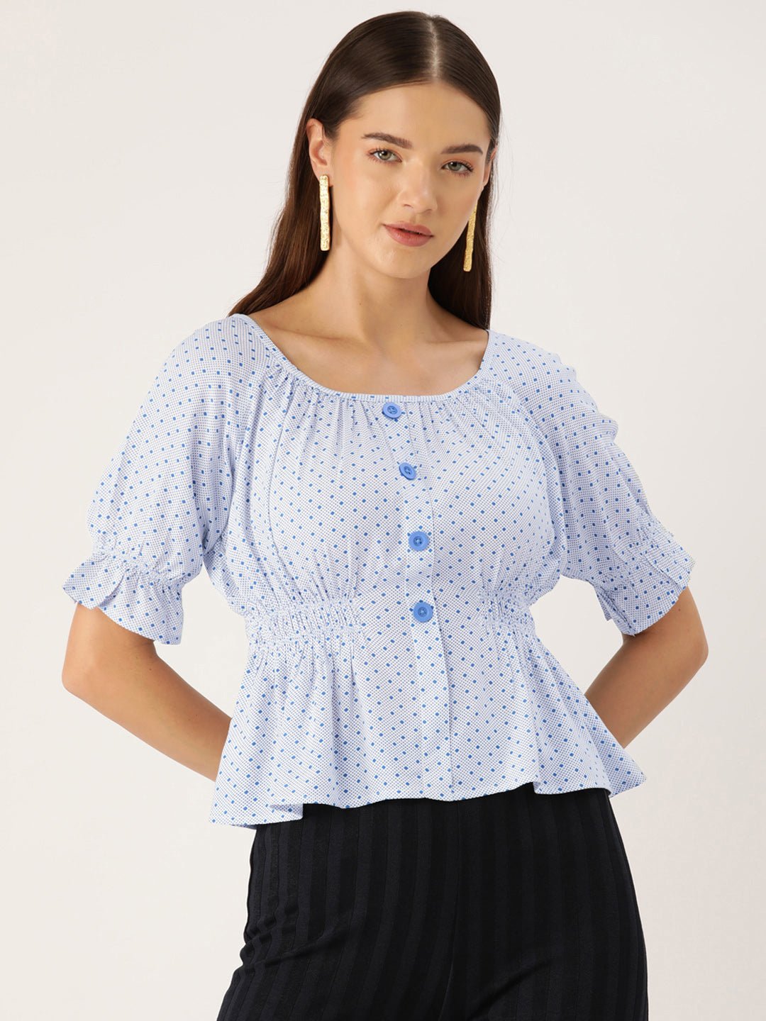 Polka Dots Print Puff Sleeves Peplum Top - RueCollections