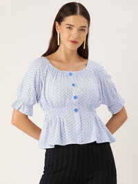 Thumbnail for Polka Dots Print Puff Sleeves Peplum Top - RueCollections