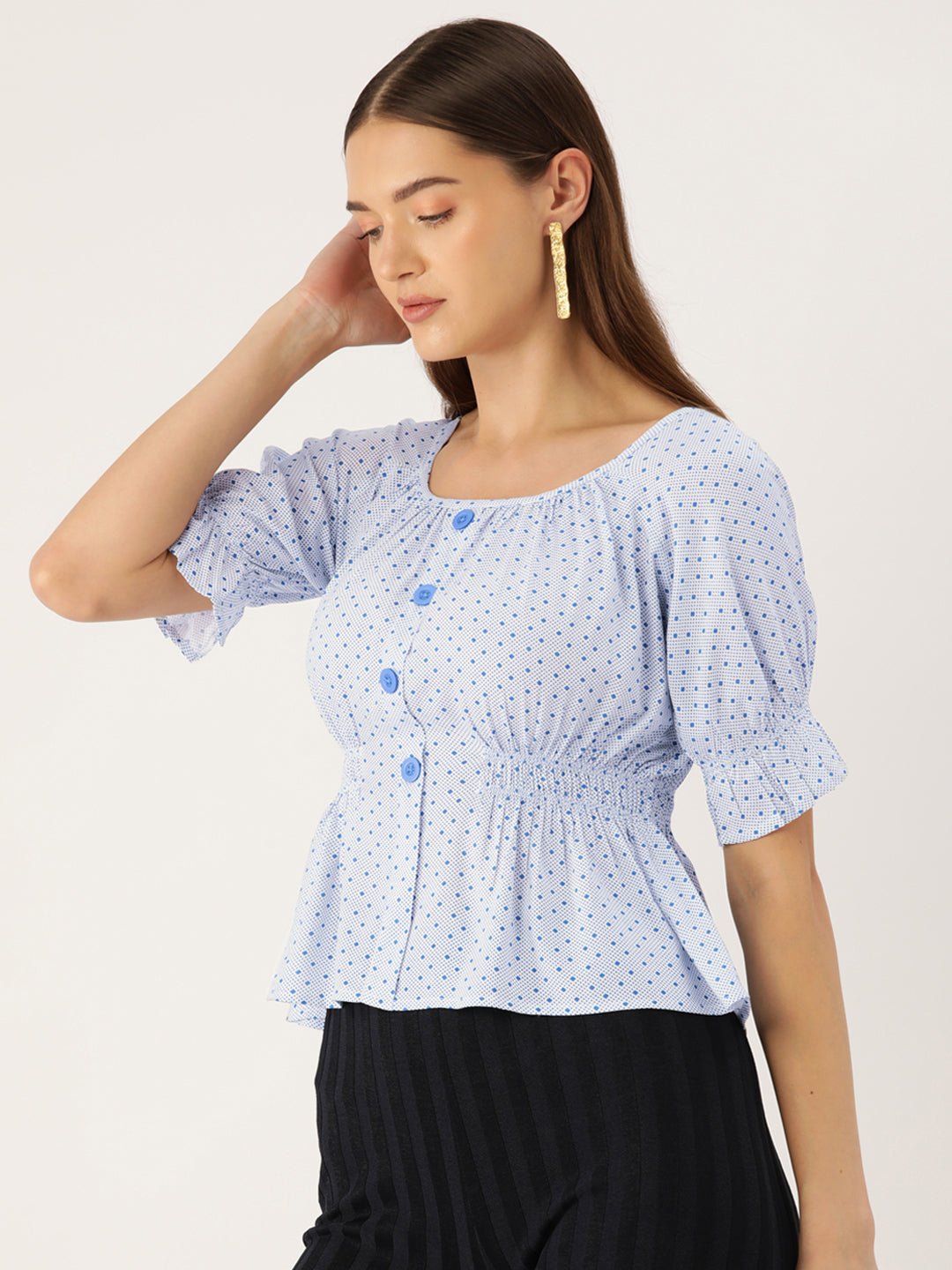 Polka Dots Print Puff Sleeves Peplum Top - RueCollections