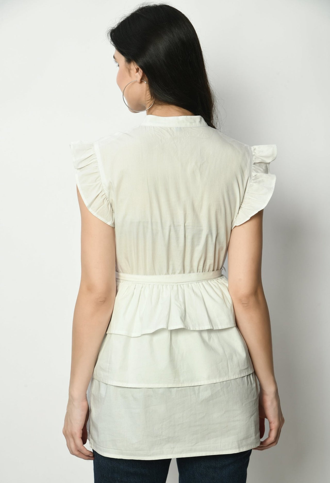 Poplin Layered Dress With Short Ruffled Sleeves & Waist Belt - RueCollections