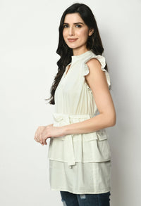 Thumbnail for Poplin Layered Dress With Short Ruffled Sleeves & Waist Belt - RueCollections