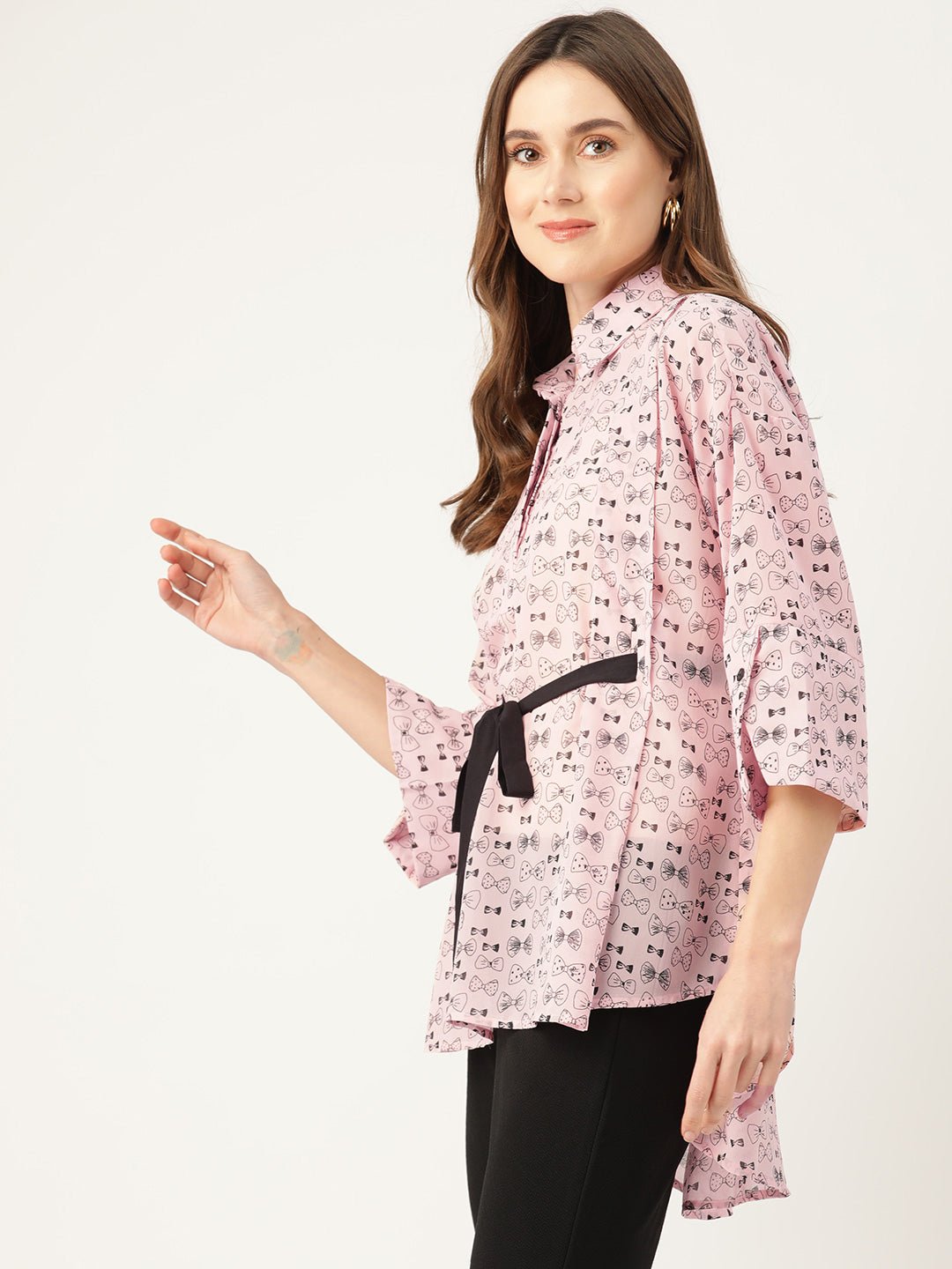 Print Georgette Shirt Style Longline Top with Waist Tie - Ups - RueCollections