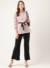 Thumbnail for Print Georgette Shirt Style Longline Top with Waist Tie - Ups - RueCollections