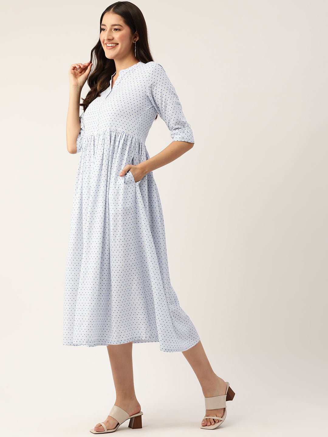 Print Mandarin Collar A - Line Midi Dress - RueCollections