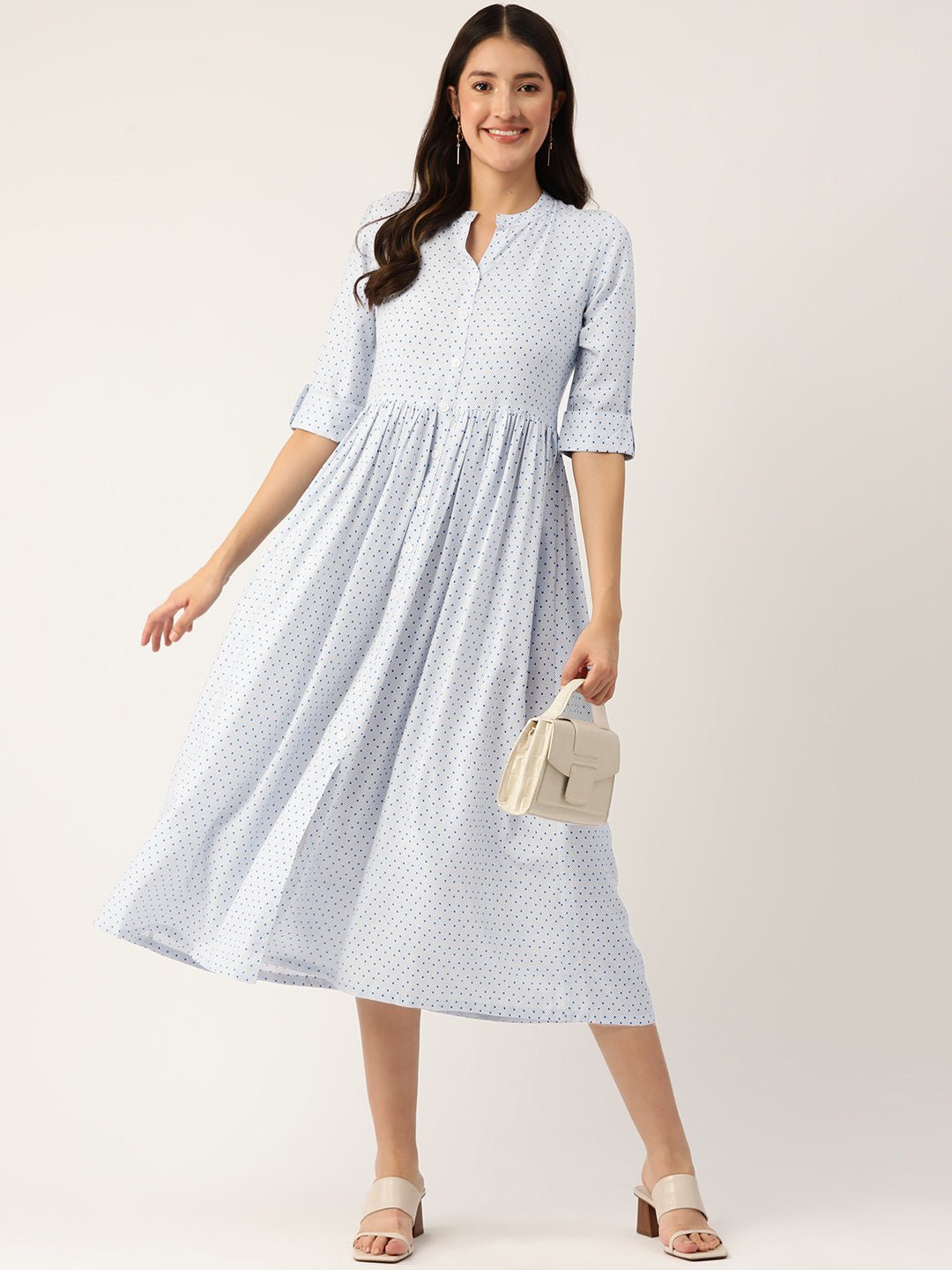 Print Mandarin Collar A - Line Midi Dress - RueCollections