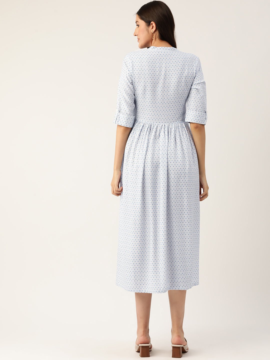 Print Mandarin Collar A - Line Midi Dress - RueCollections