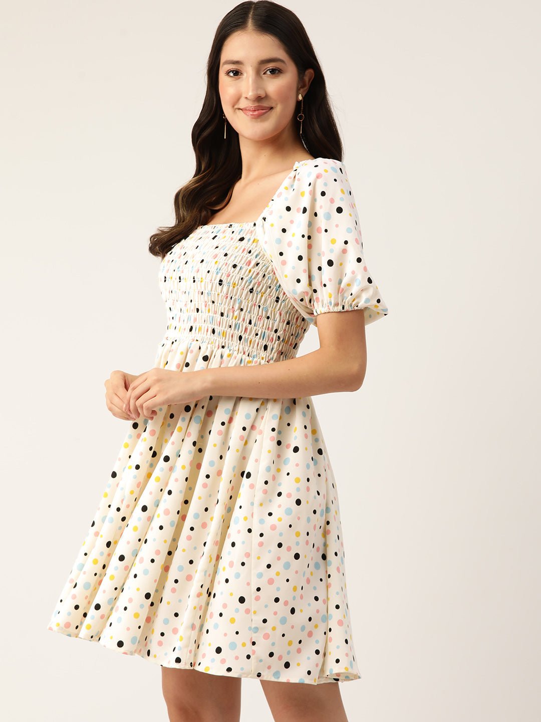 Print Puff Sleeve Crepe Smocked Fit & Flare Dress - RueCollections