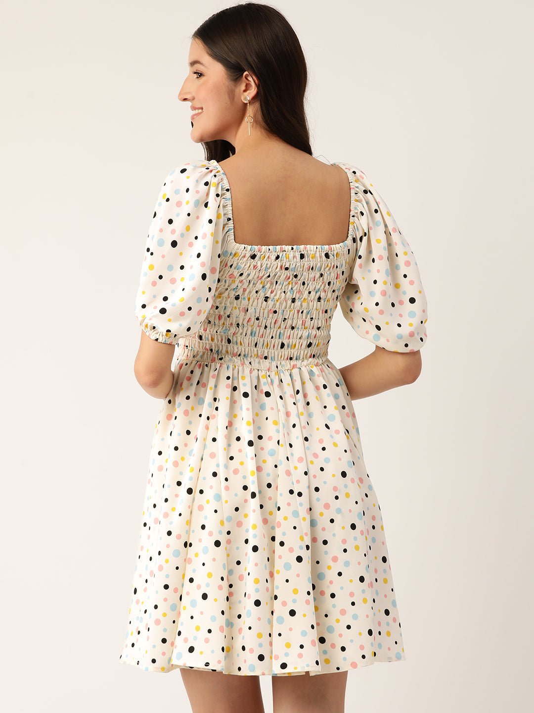 Print Puff Sleeve Crepe Smocked Fit & Flare Dress - RueCollections