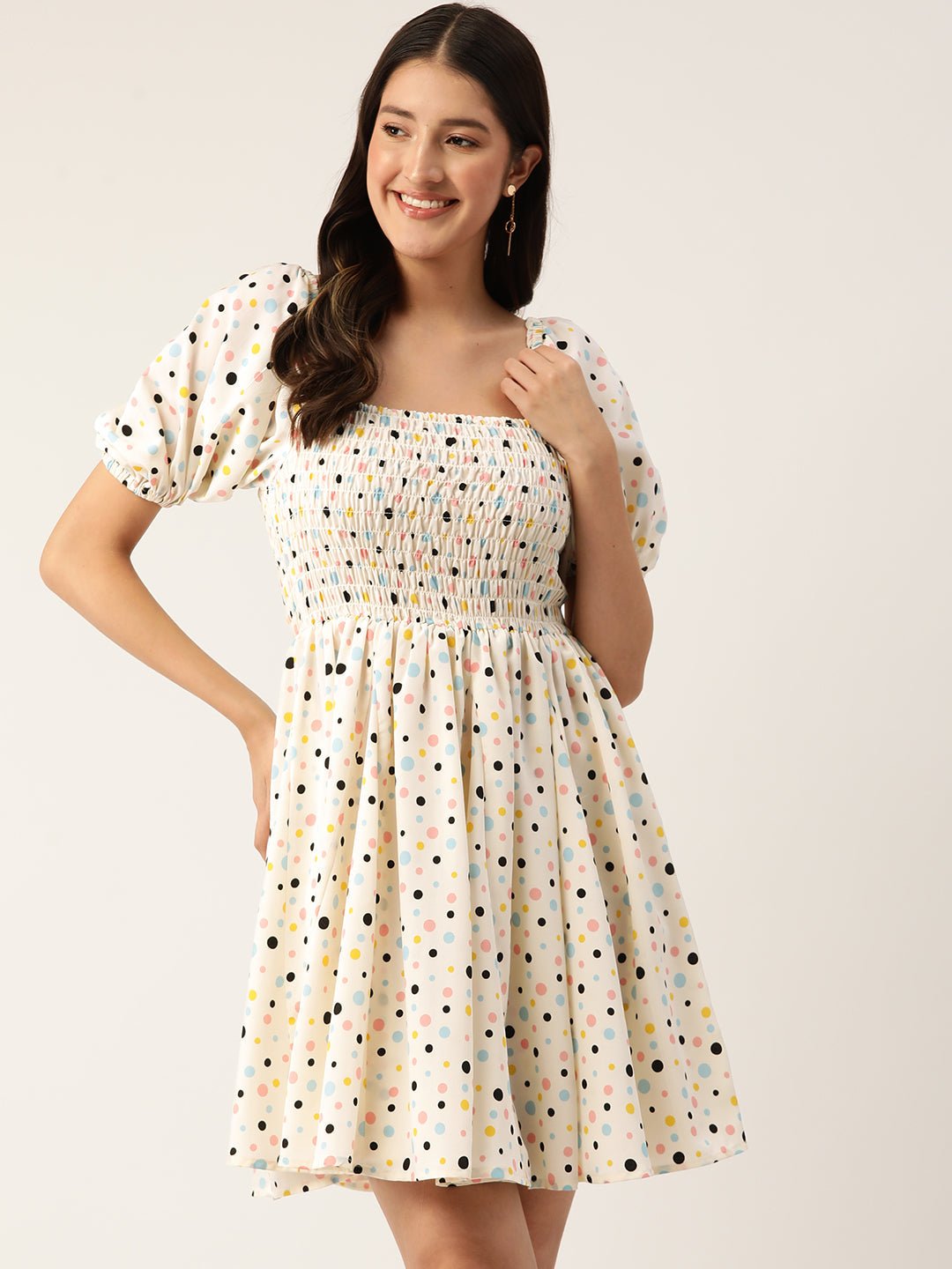 Print Puff Sleeve Crepe Smocked Fit & Flare Dress - RueCollections