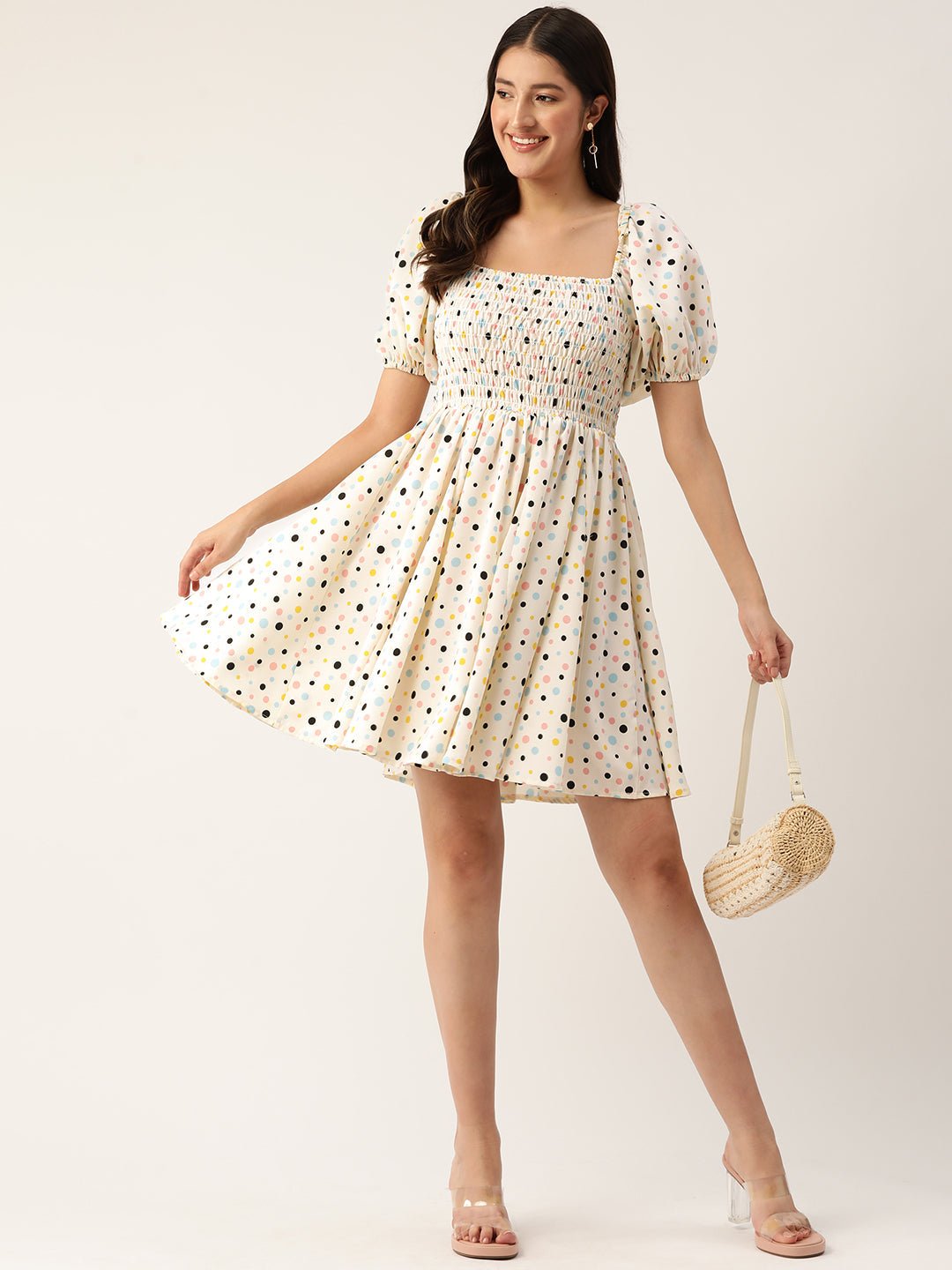 Print Puff Sleeve Crepe Smocked Fit & Flare Dress - RueCollections