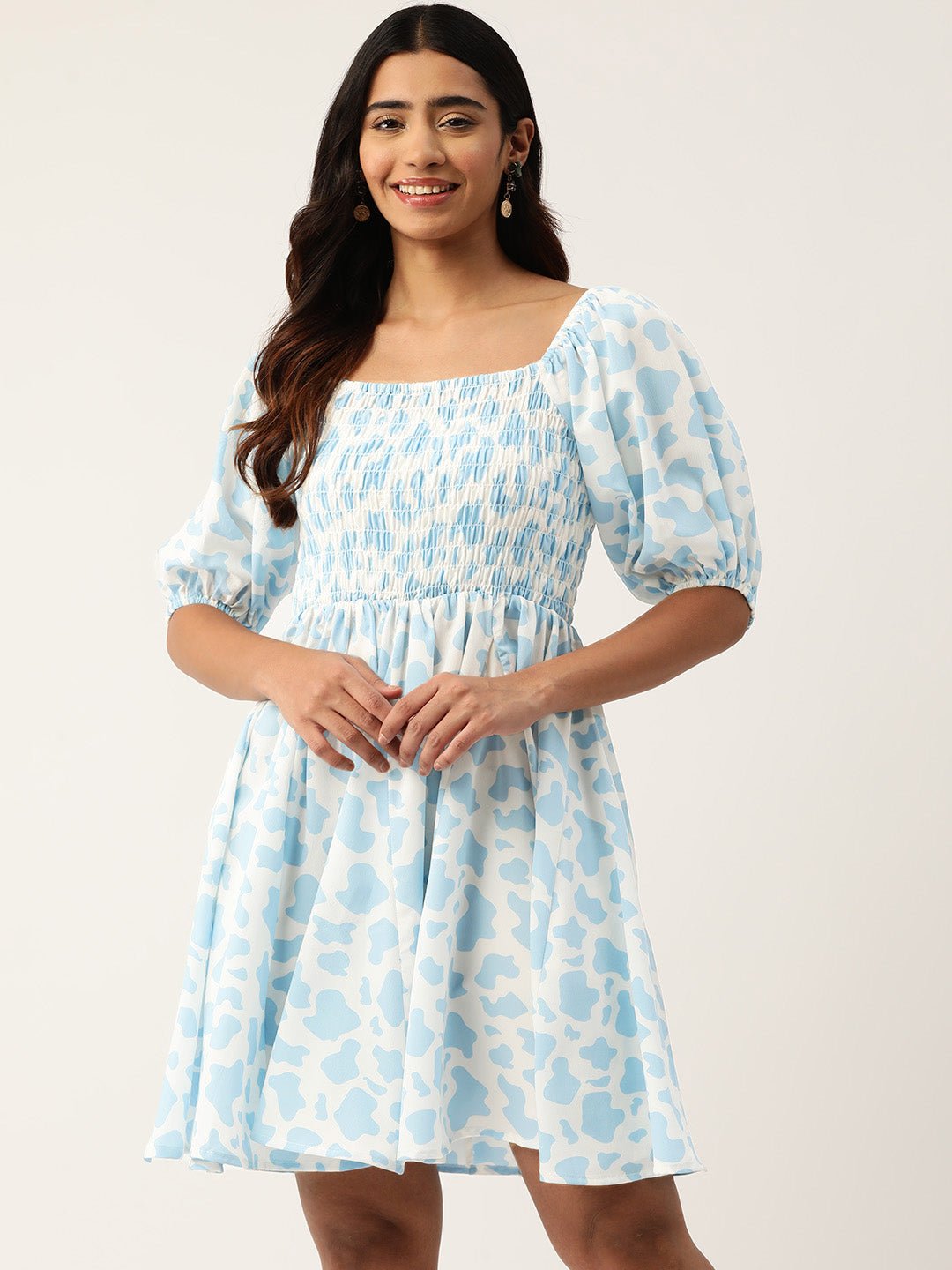 Print Puff Sleeves Crepe Fit & Flare Dress - RueCollections