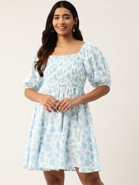 Thumbnail for Print Puff Sleeves Crepe Fit & Flare Dress - RueCollections