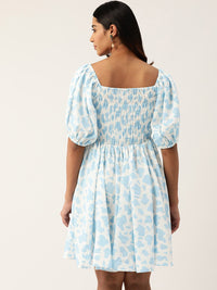 Thumbnail for Print Puff Sleeves Crepe Fit & Flare Dress - RueCollections