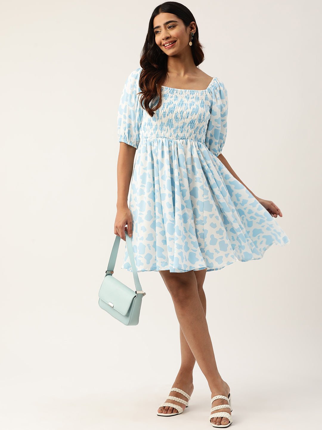 Print Puff Sleeves Crepe Fit & Flare Dress - RueCollections