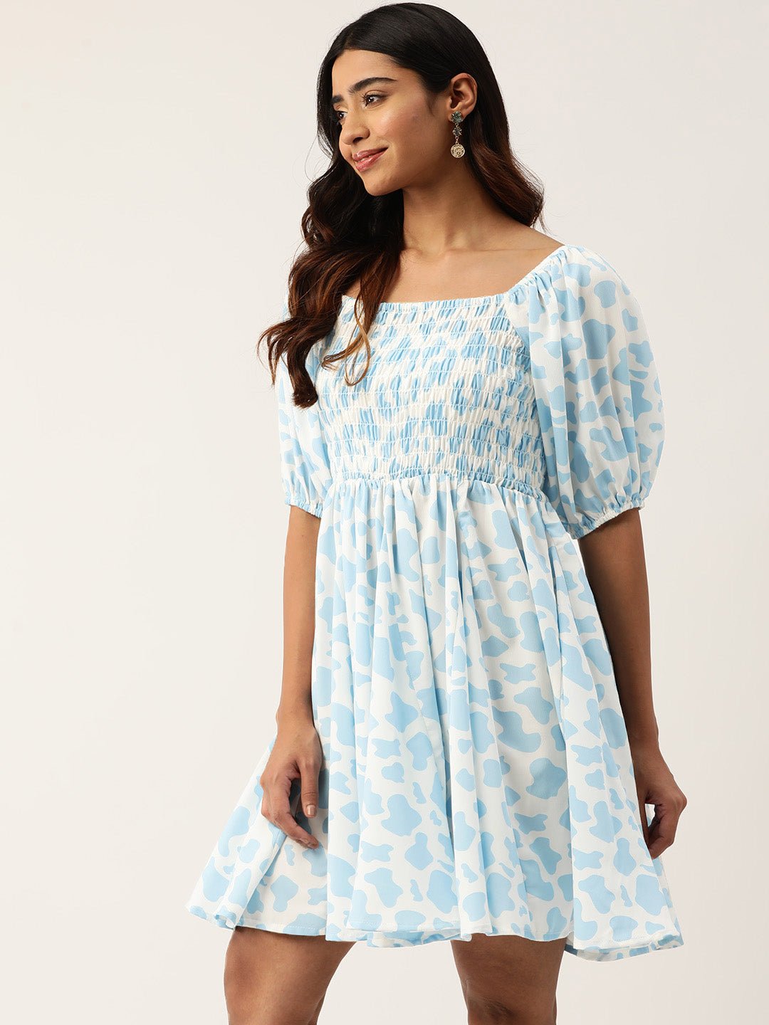 Print Puff Sleeves Crepe Fit & Flare Dress - RueCollections