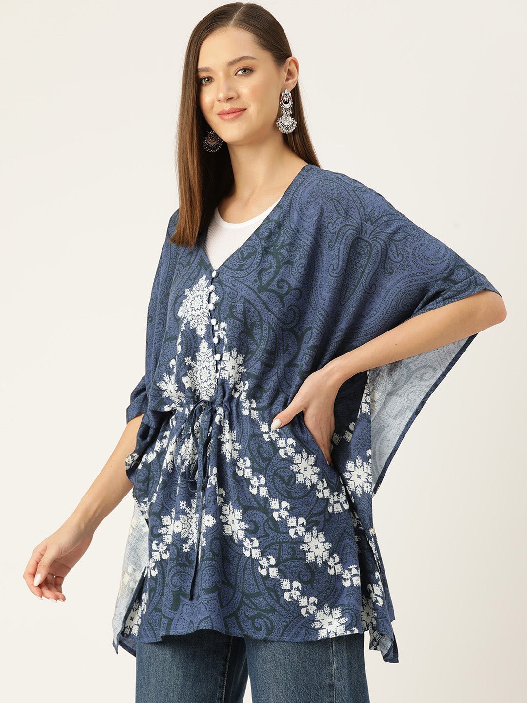 Printed Kimono Sleeves Ethnic Kaftan Longline Top - RueCollections