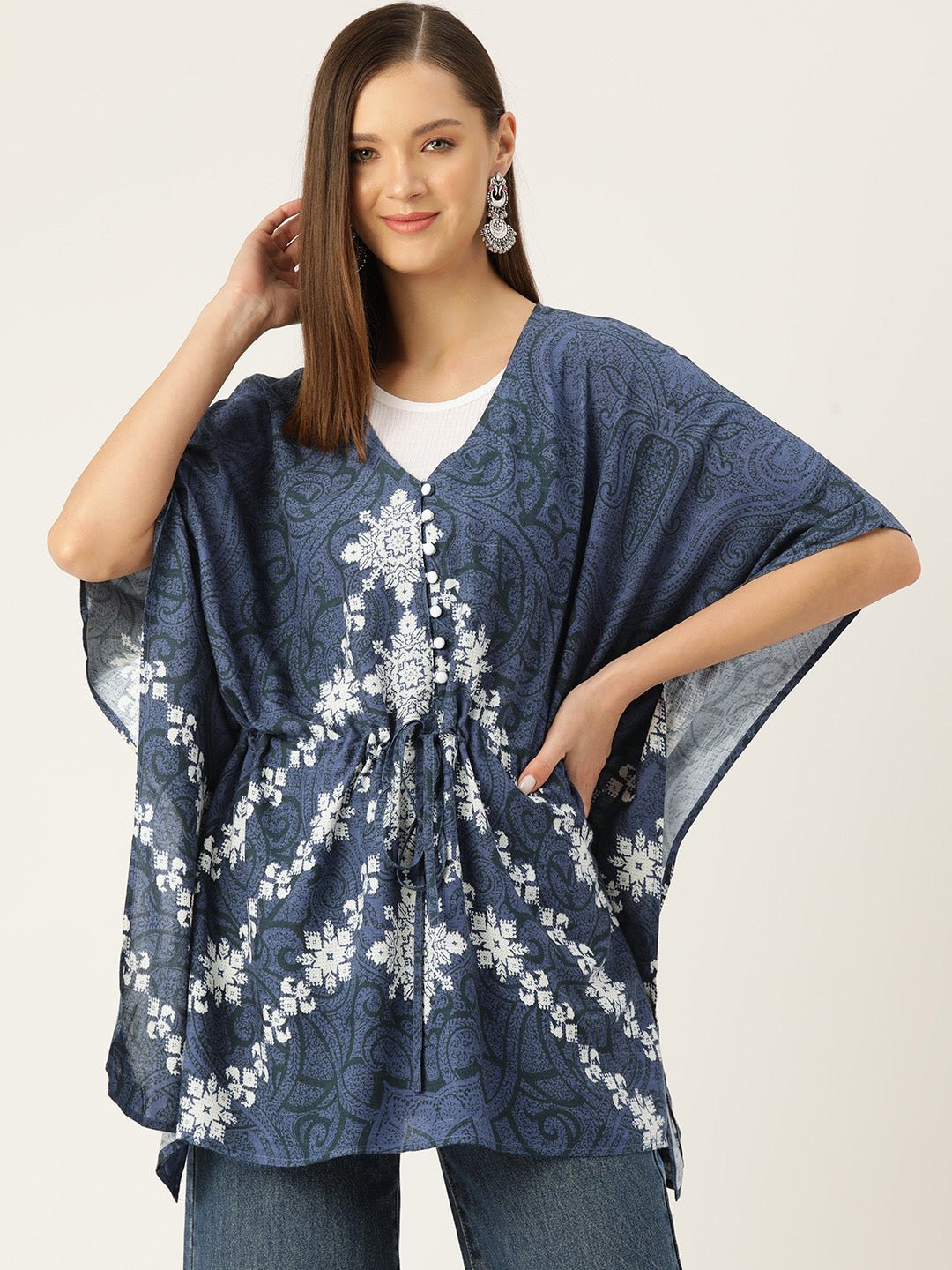 Printed Kimono Sleeves Ethnic Kaftan Longline Top - RueCollections