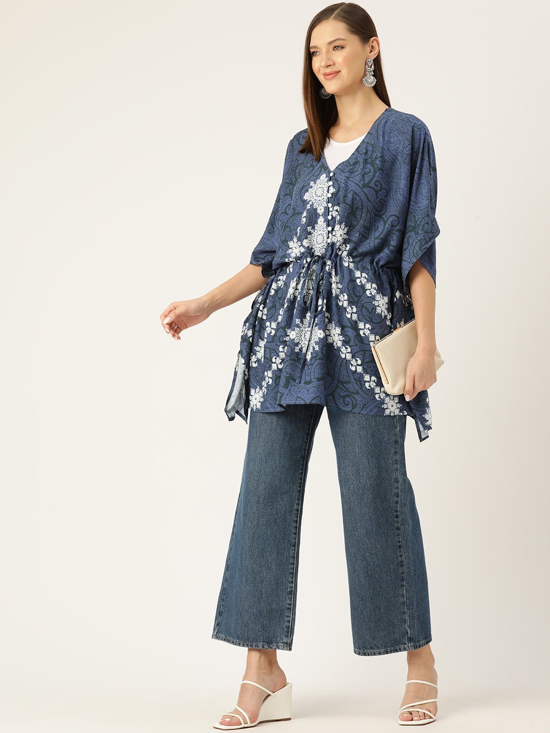 Printed Kimono Sleeves Ethnic Kaftan Longline Top - RueCollections