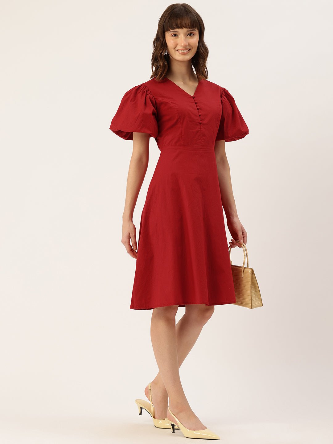 Puff Sleeves Fit & Flare Dress - RueCollections