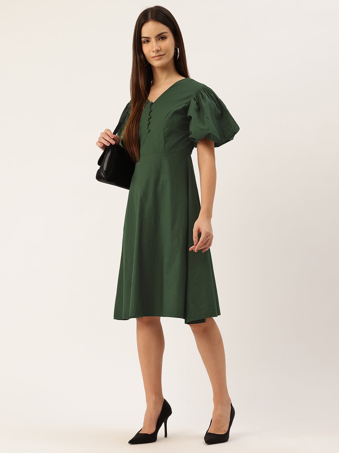 Puff Sleeves Fit & Flare Dress - RueCollections