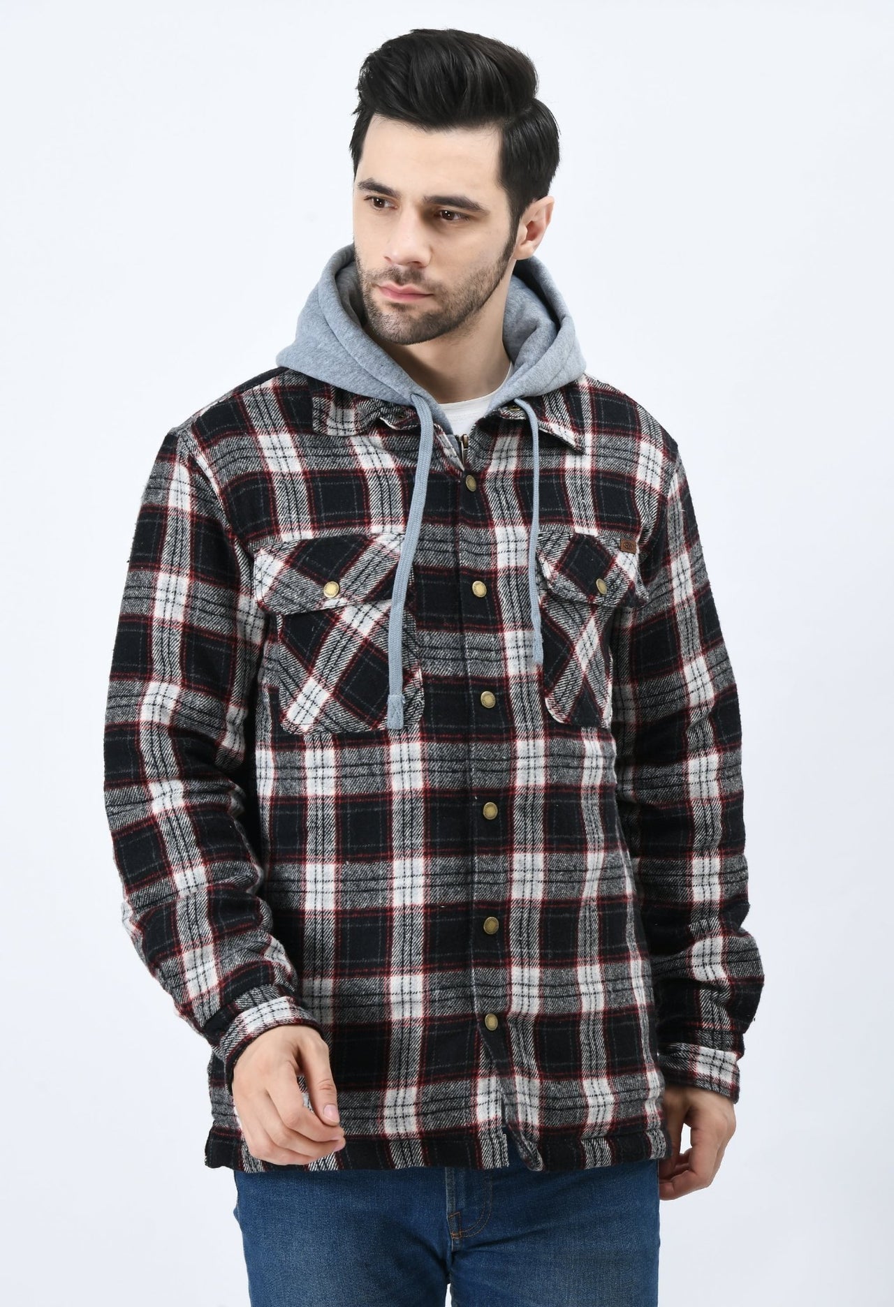 Red Flannel Checked Jacket With Hoodie - RueCollections