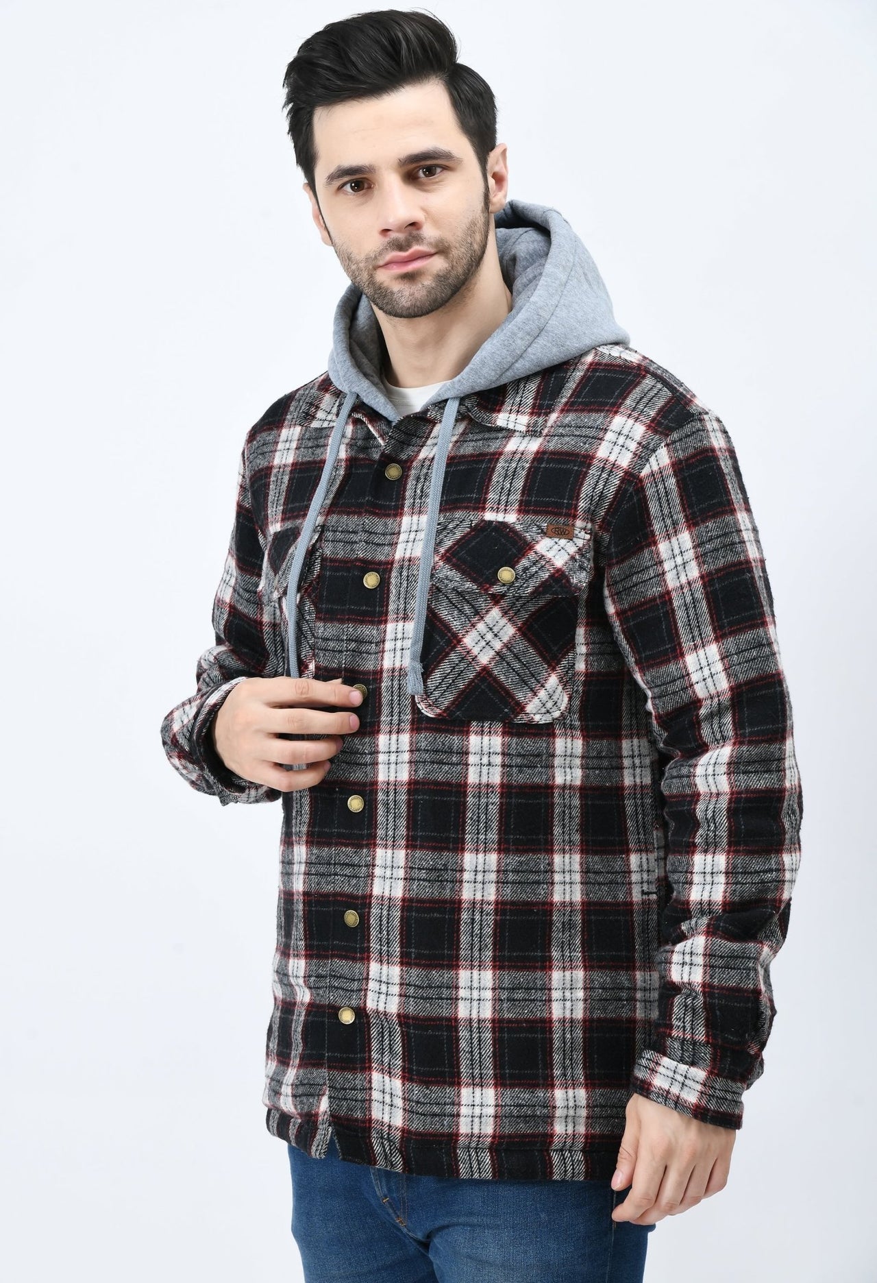 Red Flannel Checked Jacket With Hoodie - RueCollections