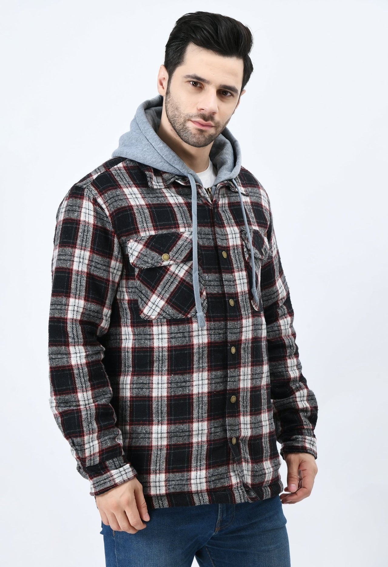 Red Flannel Checked Jacket With Hoodie - RueCollections