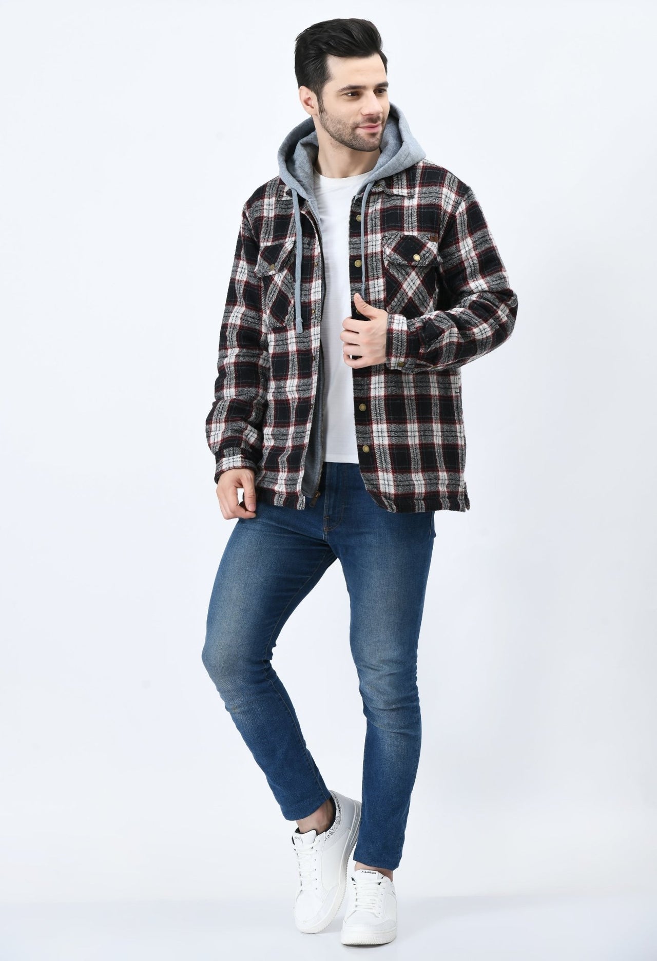 Red Flannel Checked Jacket With Hoodie - RueCollections