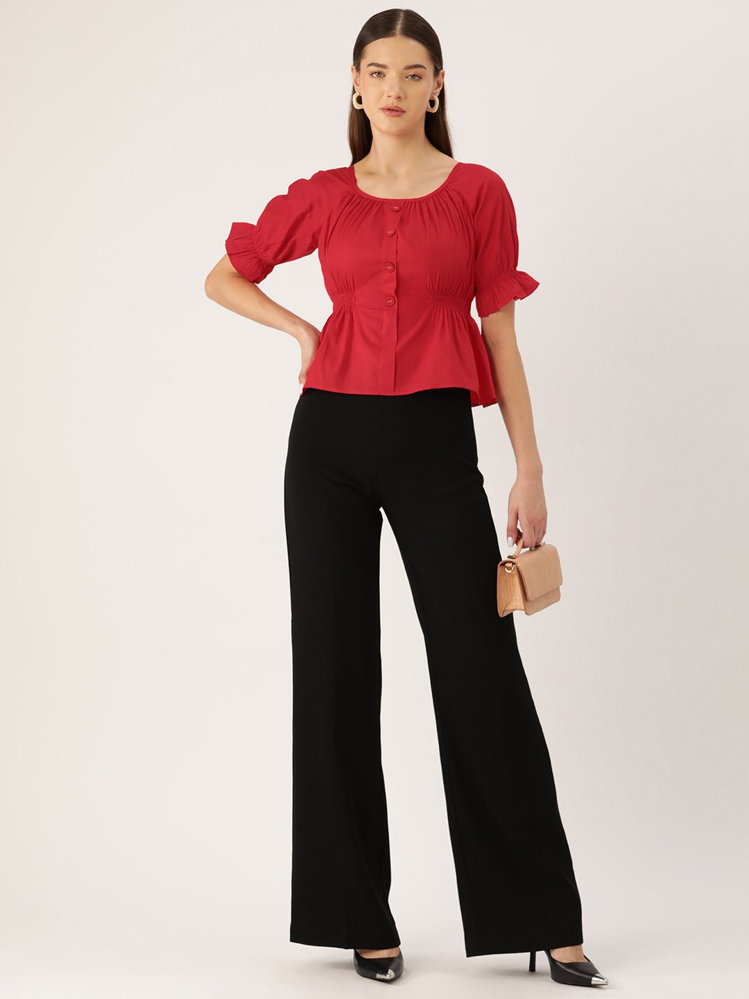 Red Puff Sleeves Peplum Top - RueCollections