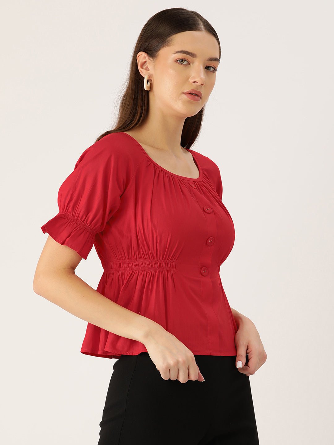 Red Puff Sleeves Peplum Top - RueCollections