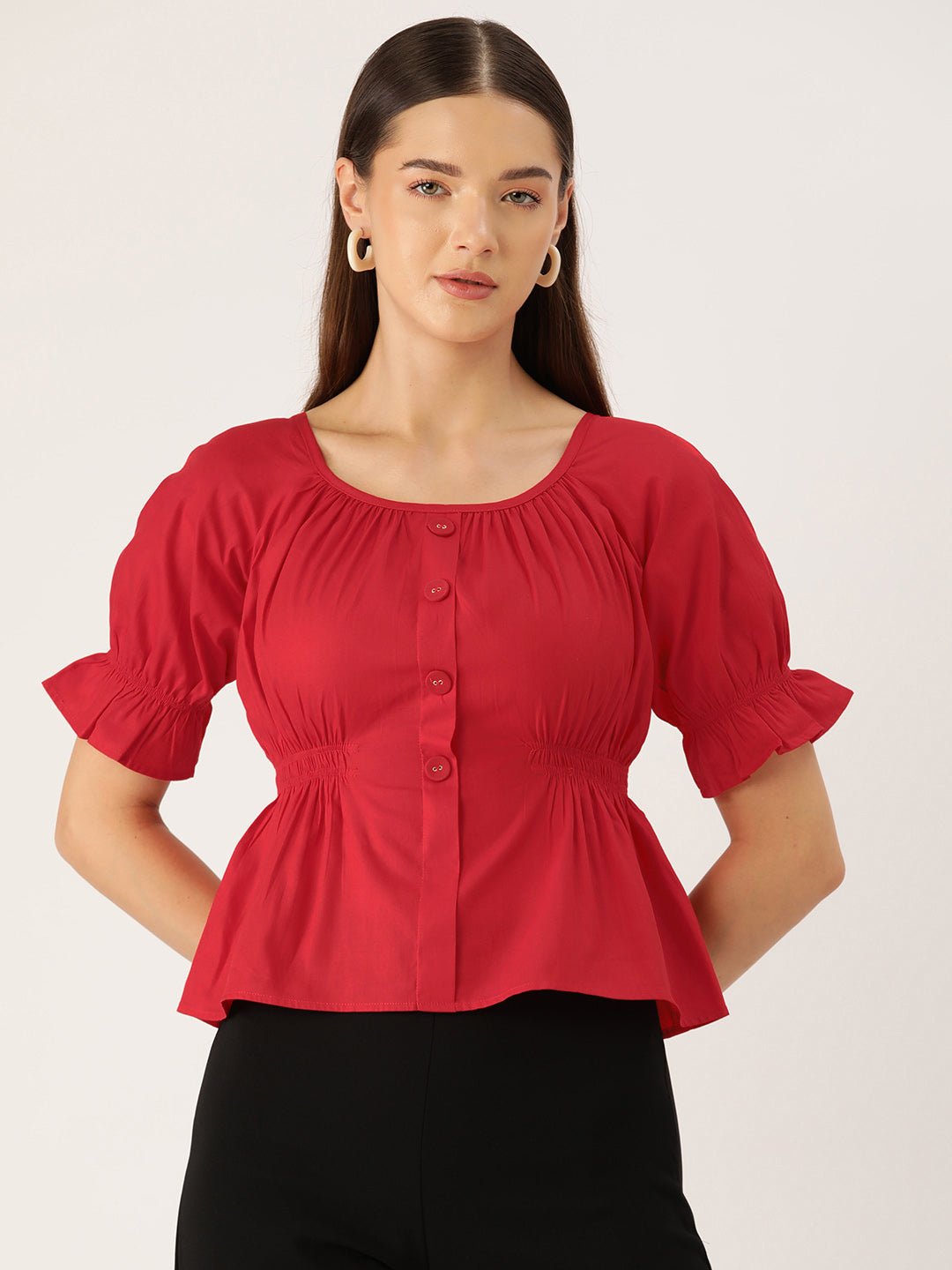 Red Puff Sleeves Peplum Top - RueCollections