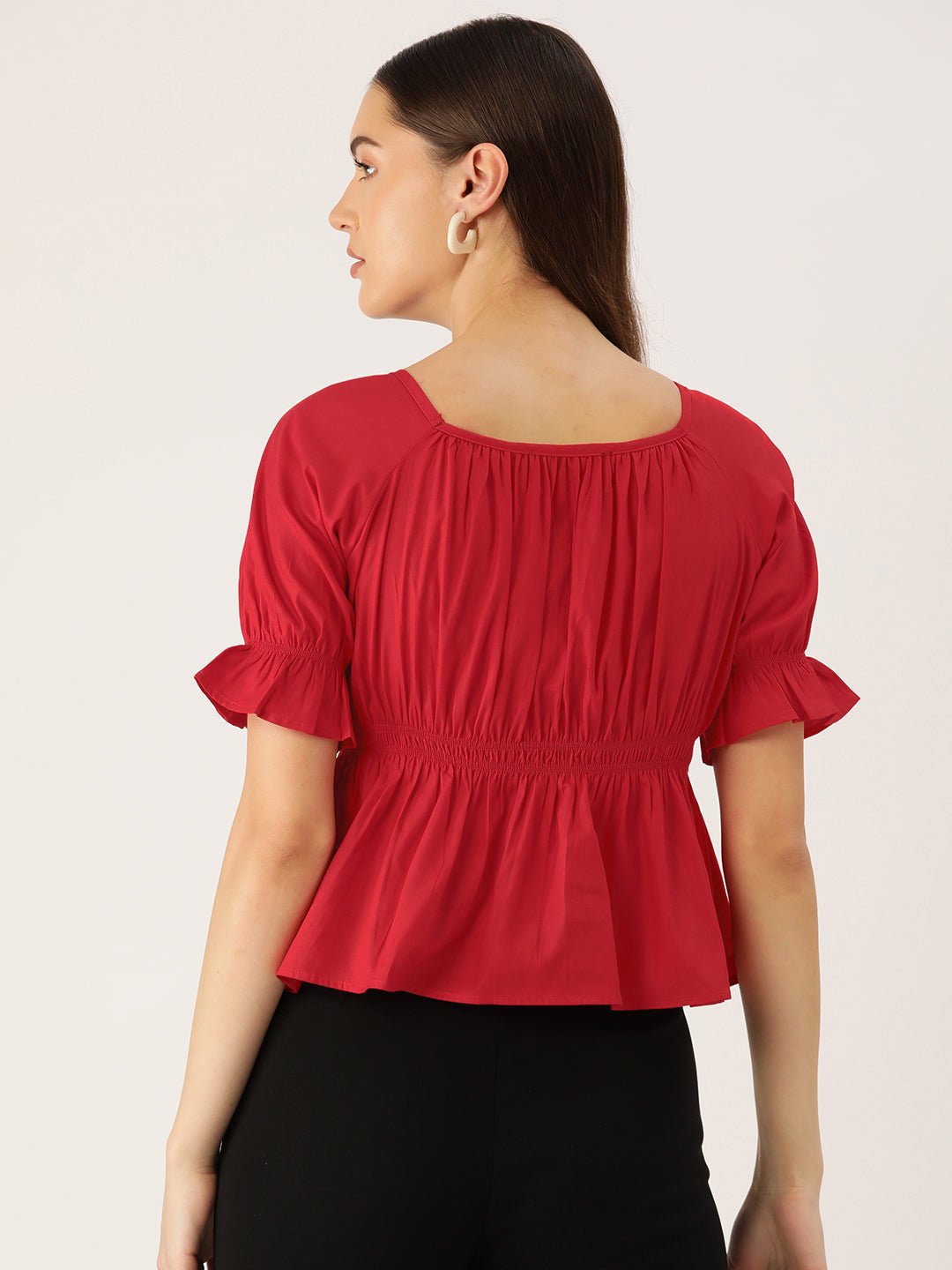 Red Puff Sleeves Peplum Top - RueCollections