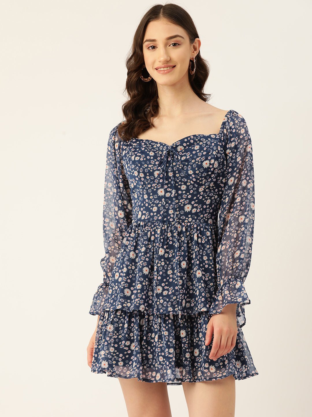 Rue Collection Blue Floral Print Chiffon A - Line Mini Dress - RueCollections