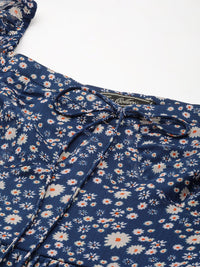 Thumbnail for Rue Collection Blue Floral Print Chiffon A - Line Mini Dress - RueCollections