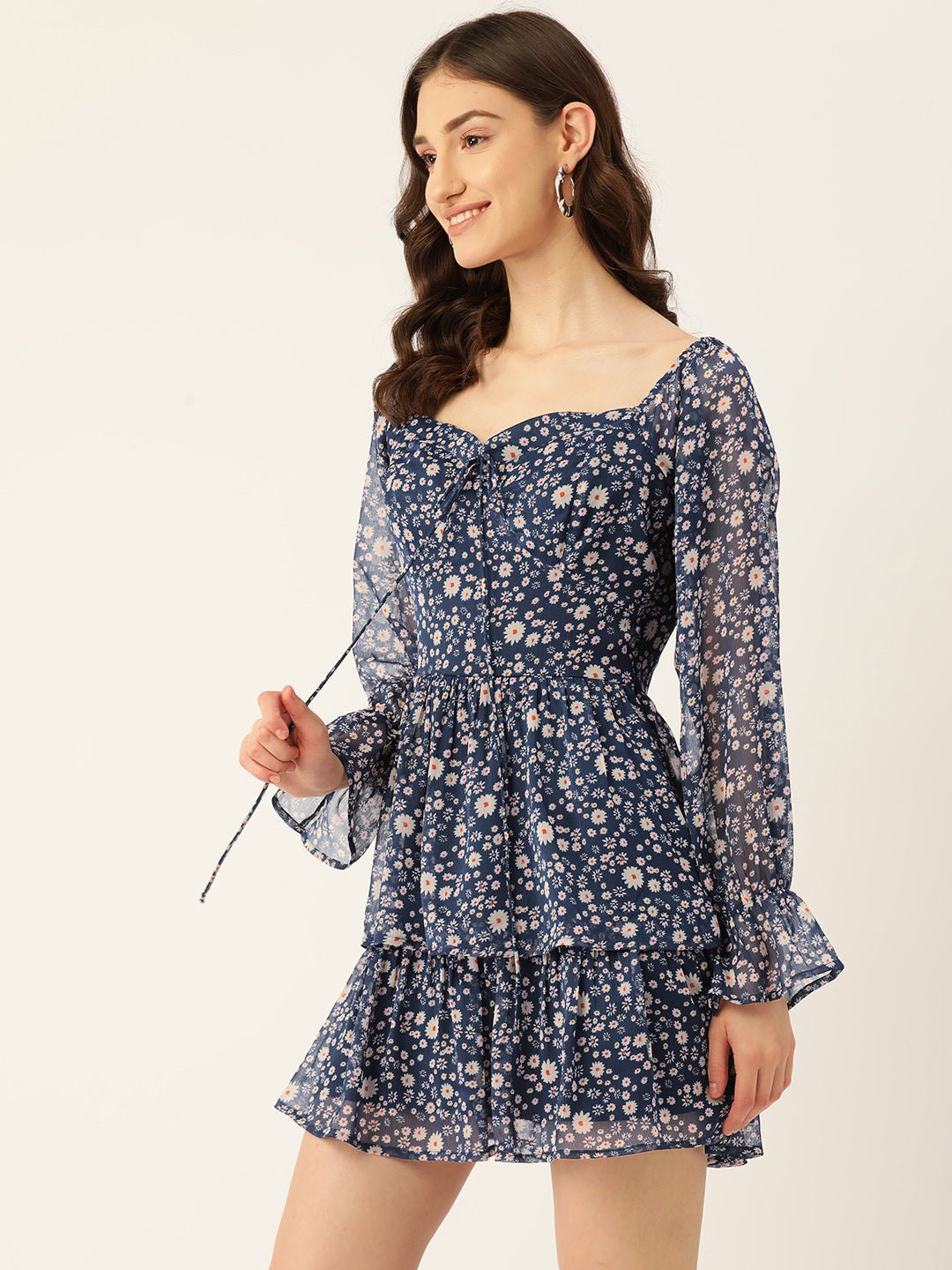 Rue Collection Blue Floral Print Chiffon A - Line Mini Dress - RueCollections