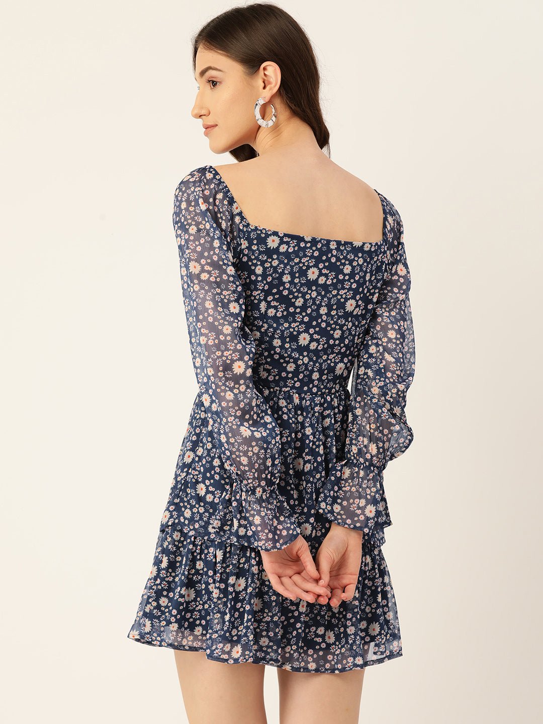 Rue Collection Blue Floral Print Chiffon A - Line Mini Dress - RueCollections