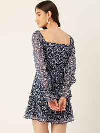 Thumbnail for Rue Collection Blue Floral Print Chiffon A - Line Mini Dress - RueCollections