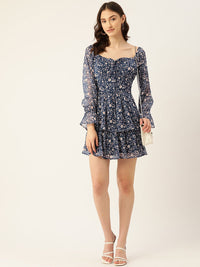 Thumbnail for Rue Collection Blue Floral Print Chiffon A - Line Mini Dress - RueCollections