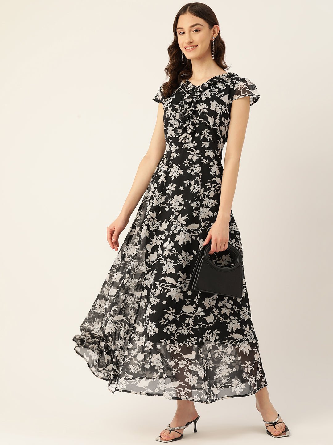 Rue Collection Floral Print Flutter Sleeve Chiffon A - Line Maxi Dress - RueCollections