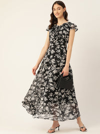 Thumbnail for Rue Collection Floral Print Flutter Sleeve Chiffon A - Line Maxi Dress - RueCollections