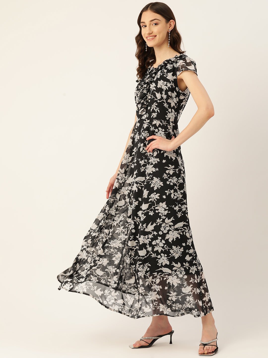 Rue Collection Floral Print Flutter Sleeve Chiffon A - Line Maxi Dress - RueCollections