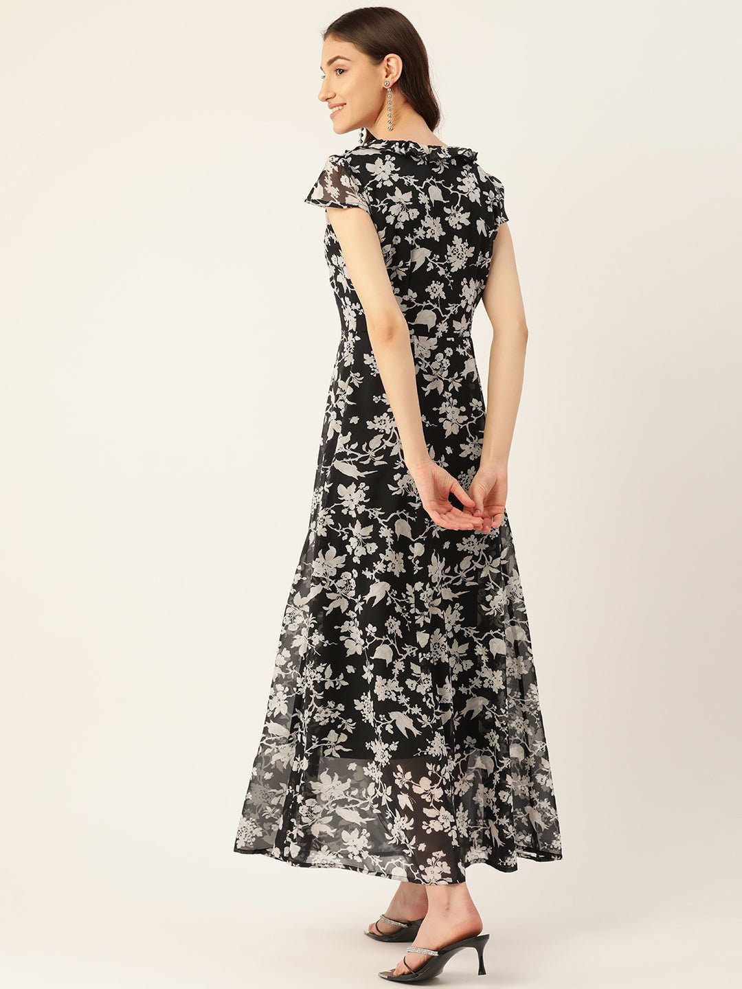 Rue Collection Floral Print Flutter Sleeve Chiffon A - Line Maxi Dress - RueCollections