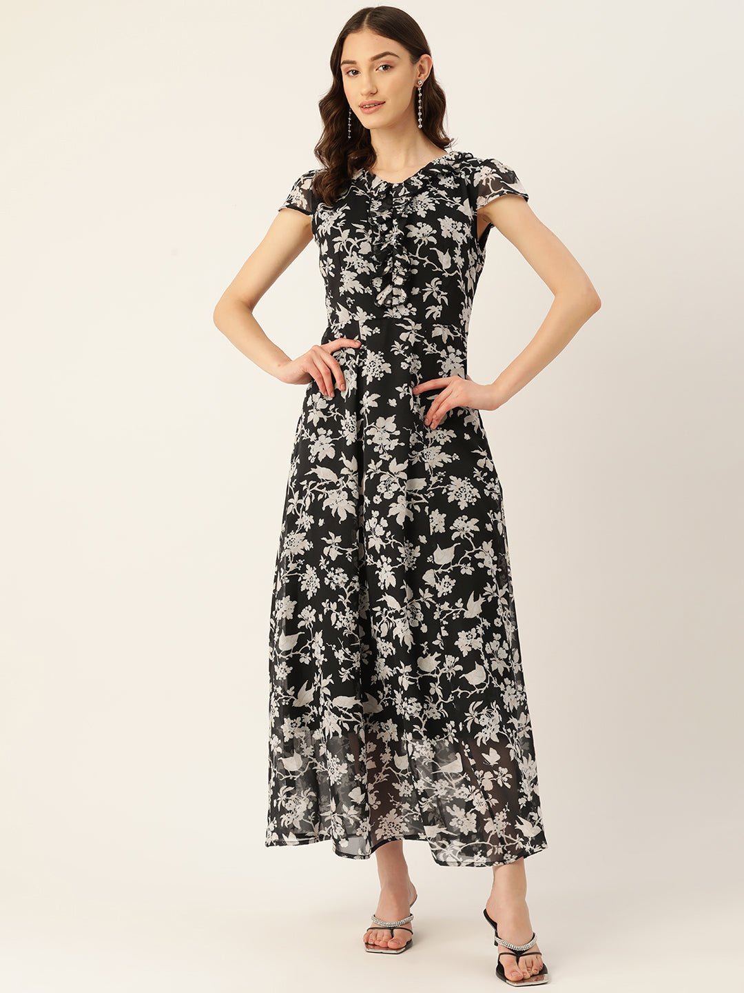 Rue Collection Floral Print Flutter Sleeve Chiffon A - Line Maxi Dress - RueCollections